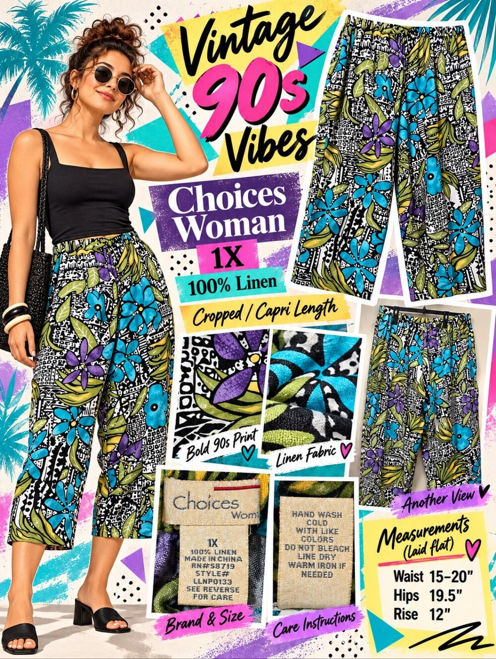 Vintage 1990s Choices Woman 1X 100% Linen Abstract Floral Pants